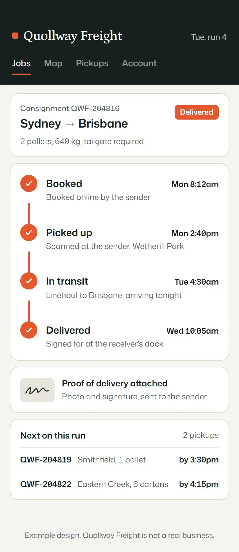 The same example freight app, shown on its own: the consignment with all four stages complete and proof of delivery attached