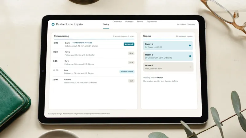 An example reception desk tool on a tablet on a front desk, showing today's appointments, arrivals and which rooms are free