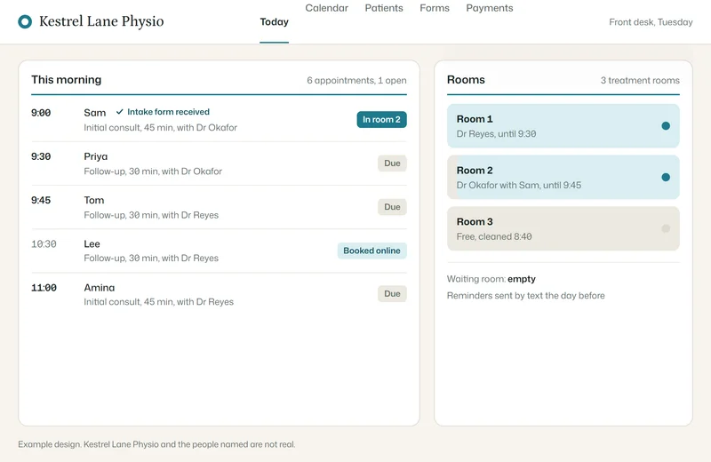 The same example reception desk tool, shown on its own: the day's appointments with who has arrived and the free rooms